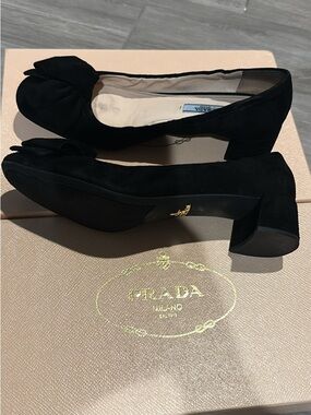 Prada Black Suede Bow Block Heel Pumps